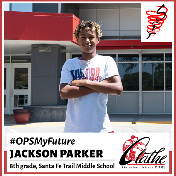 Jackson Parker stands in front of Santa Fe Trail Middle School